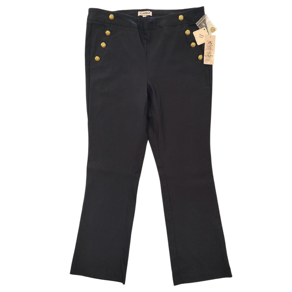 NWT Bootcut Sailor Pants Ponte Black Gold Buttons Women's Size Large Nanette